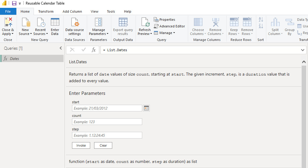 create a calendar table in power query with M intellisense